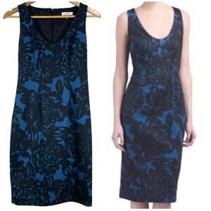 Trina Turk Floral Sheath Dress Blue Black Size 0 Sleeveless Scoop Neck Bodycon